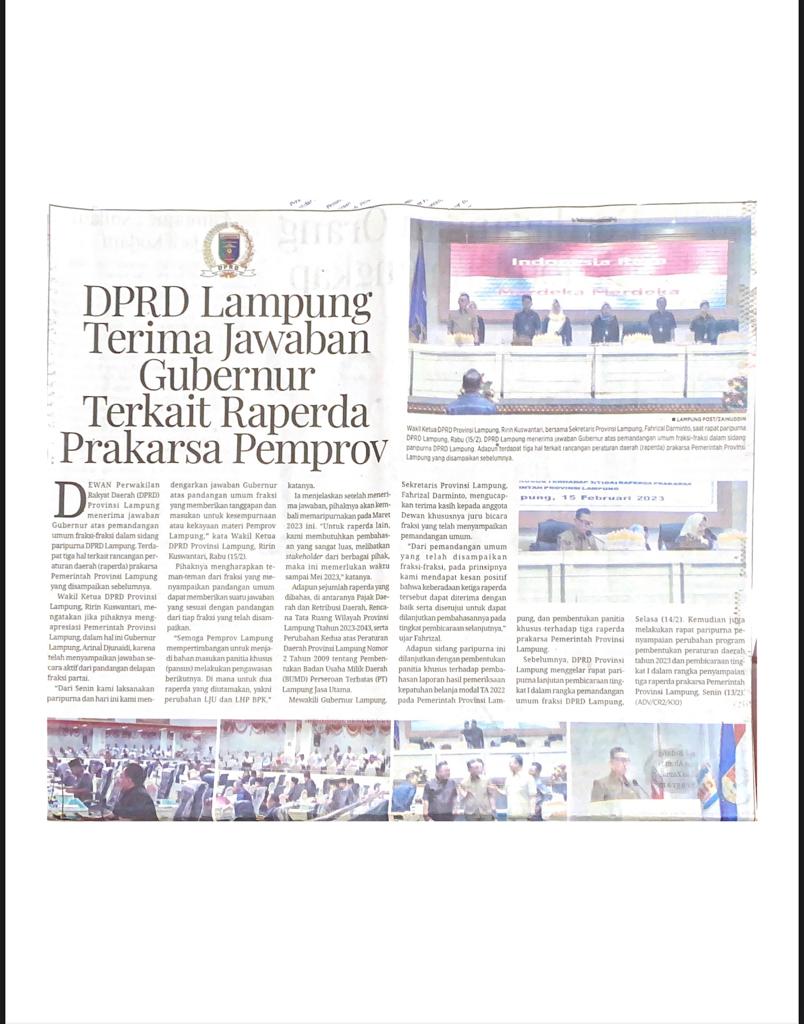 DPRD Lampung Terima Jawaban Gubernur Terkait Raperda Prakarsa Pemprov